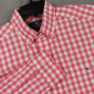 Vineyard Vines Mens L Pink Gingham Check Stretch Button Down Casual Dress Shirt